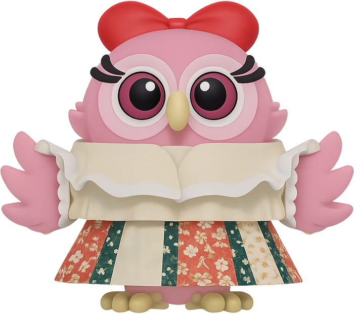 B-ticket mascot (pink, in traditional dress)